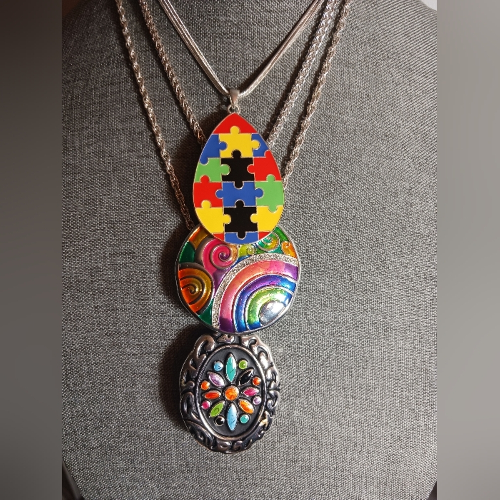 3 Big BOLD Necklaces! Colorful Enamel Pendants,  Silver-toned